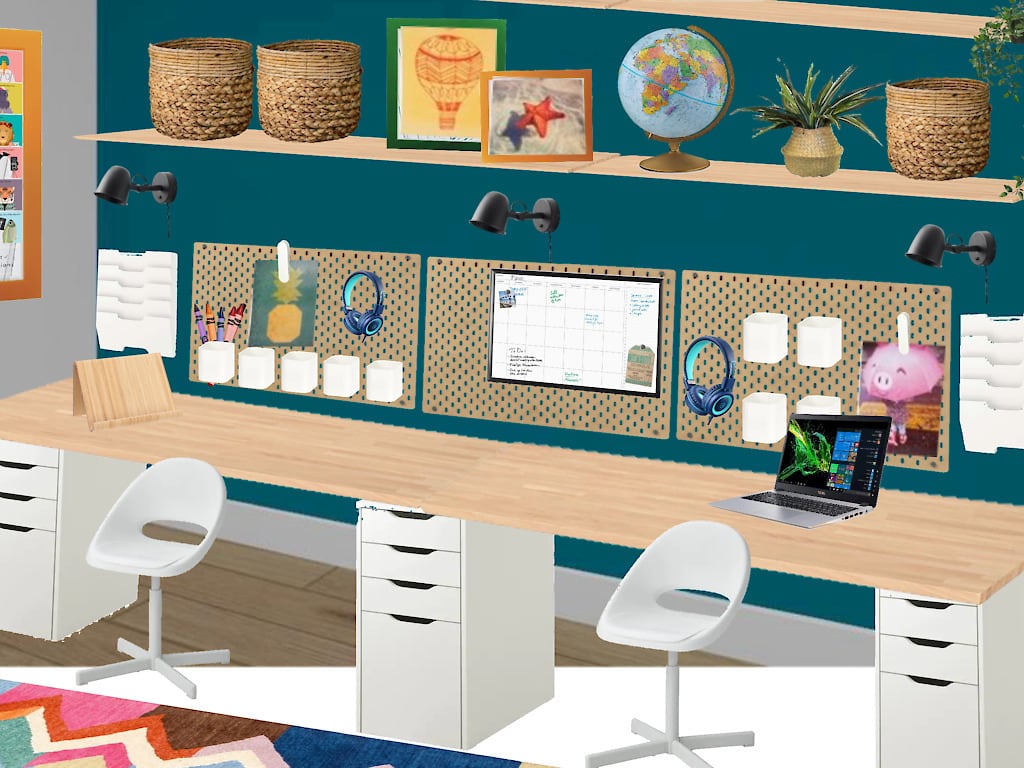 rendering of kids homeschool room with ikea desk hack, multiple workstations, lighting for Zoom meetings, and more!