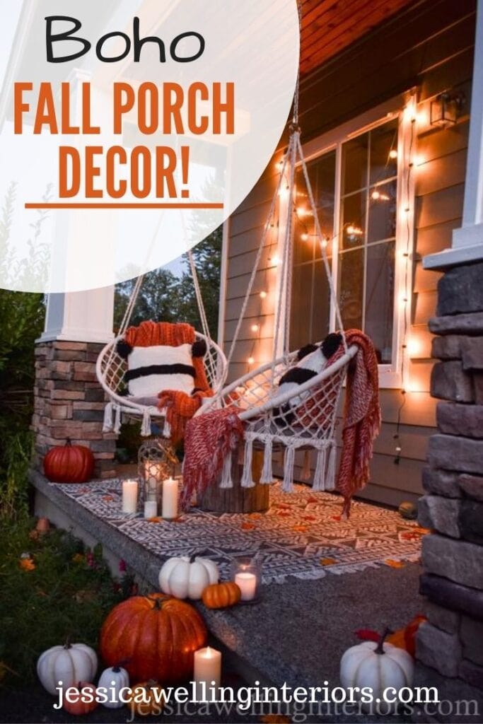 Boho Fall Porch Decor! A modern front porch decorated for Autumn, with string lights, pumpkins, cozy throw pillows and blankets, a Scandi rug at night