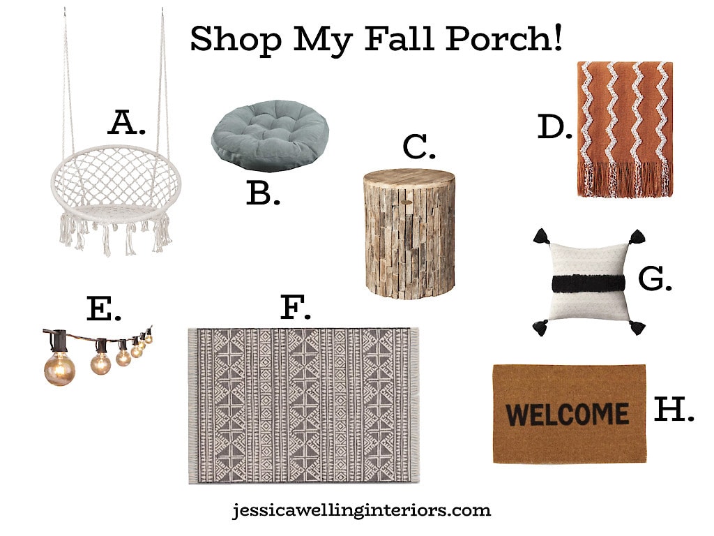 Shop My Fall Porch! Collage of lettered photos of products used on the Fall front porch