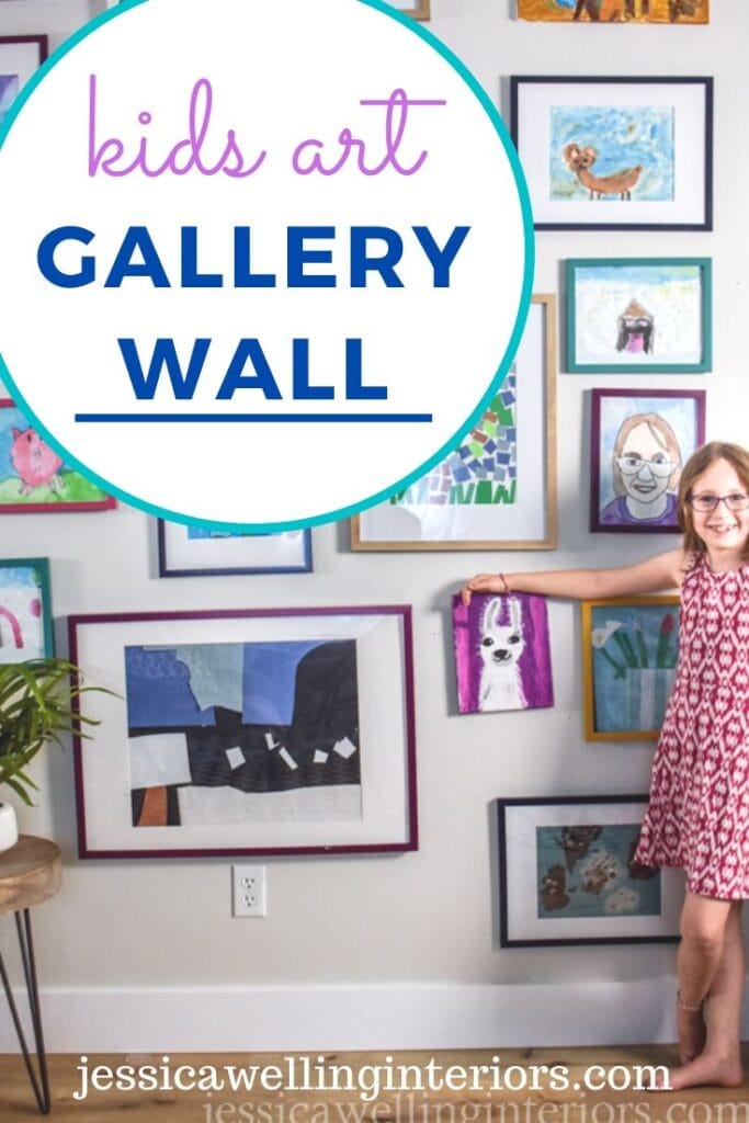 Kids' Art Gallery Wall: little girl standing next to modern gallery wall of colorful kids art