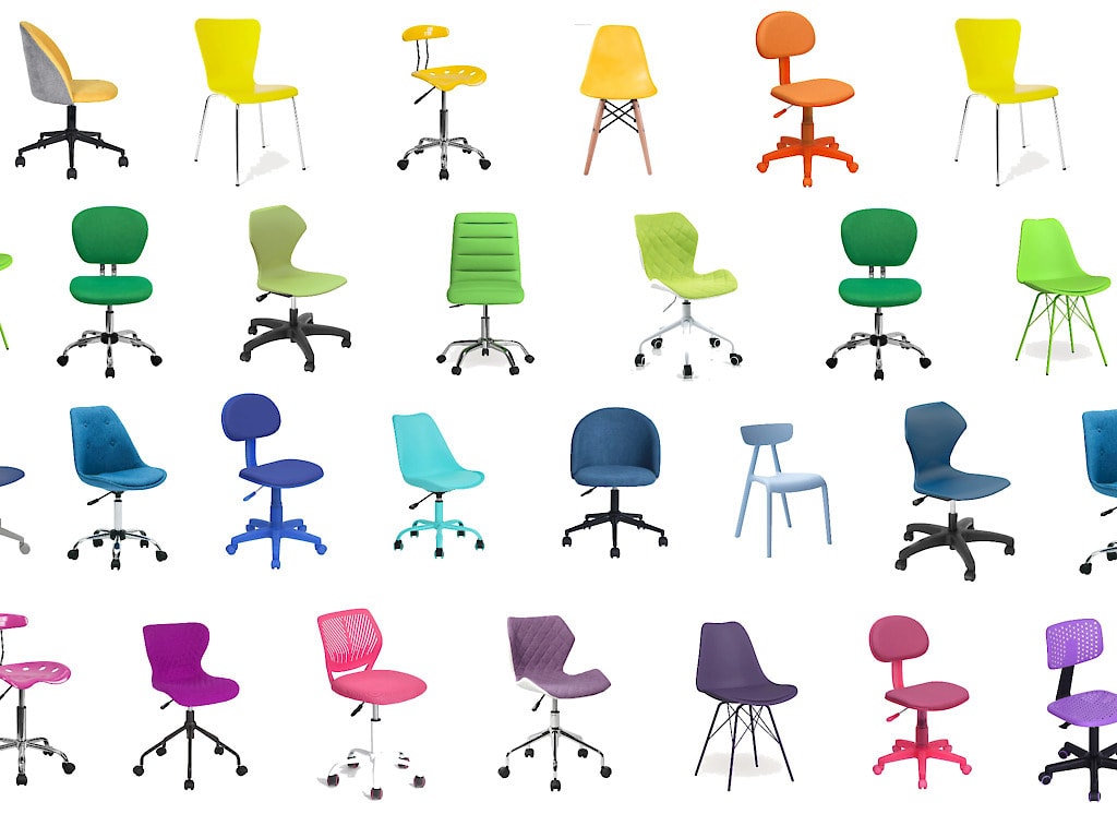 collage of cheap kids' desk chairs in every color