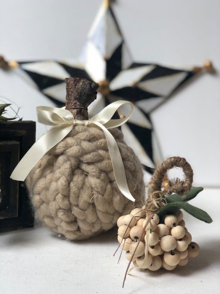 close-up of DIY rope pumpkin