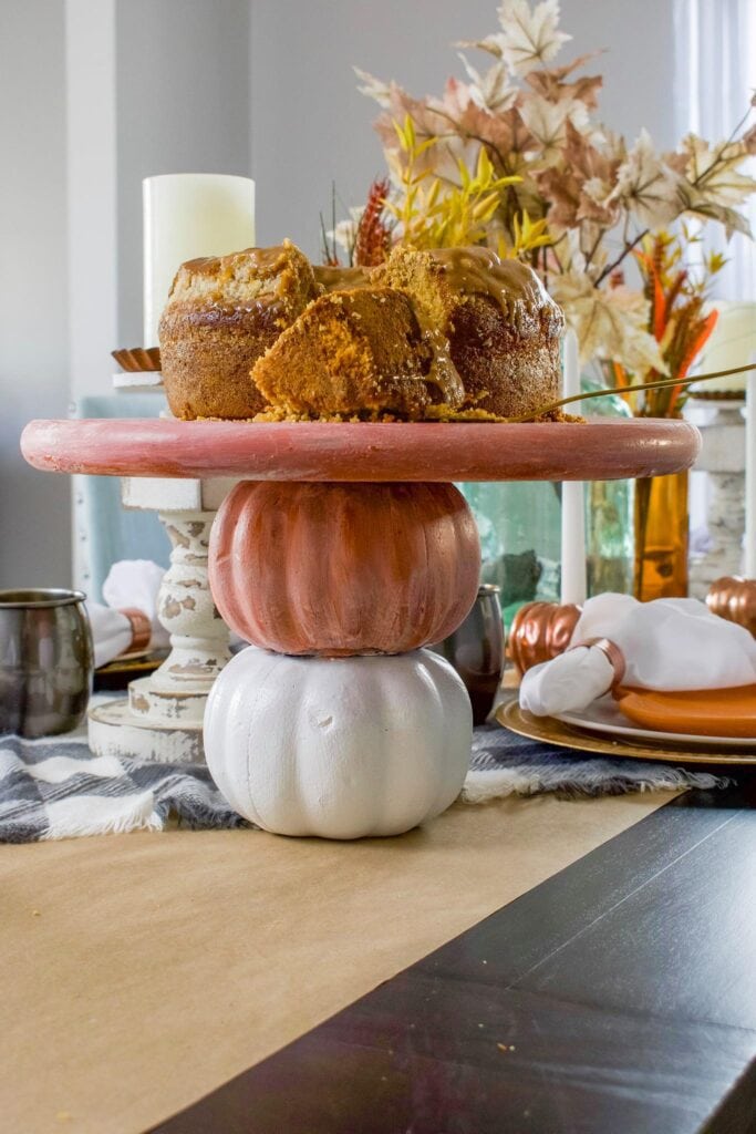 Close-up of pumpkin serving tray on a table decorated for Fall