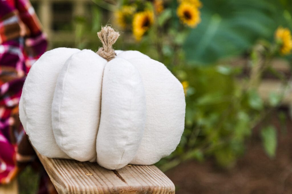 close-up of a white fabric pumpkin