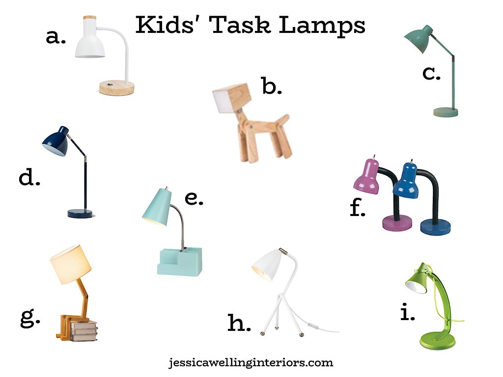 Kids' Desk Lamps: collage of 10 different task lamps for kids in bright colors and fun shapes