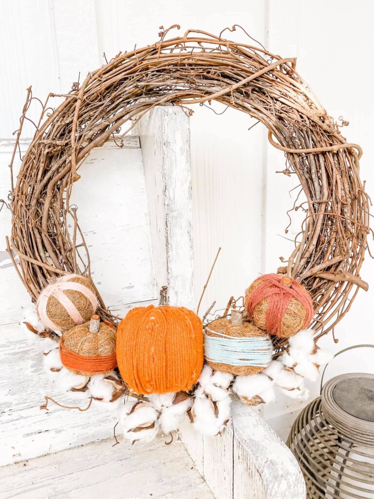 DIY Fall wreath, with yarn-wrapped pumpkins