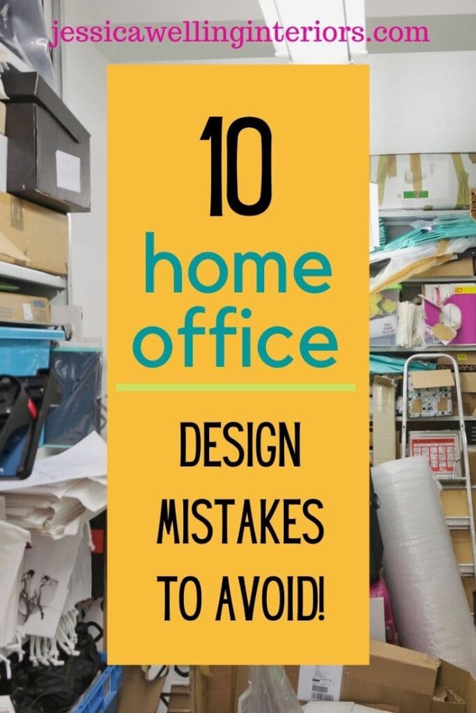 10 Home Office Design Mistakes To Avoid: very messy and cluttered home office with boxes and files spilling off of shelves