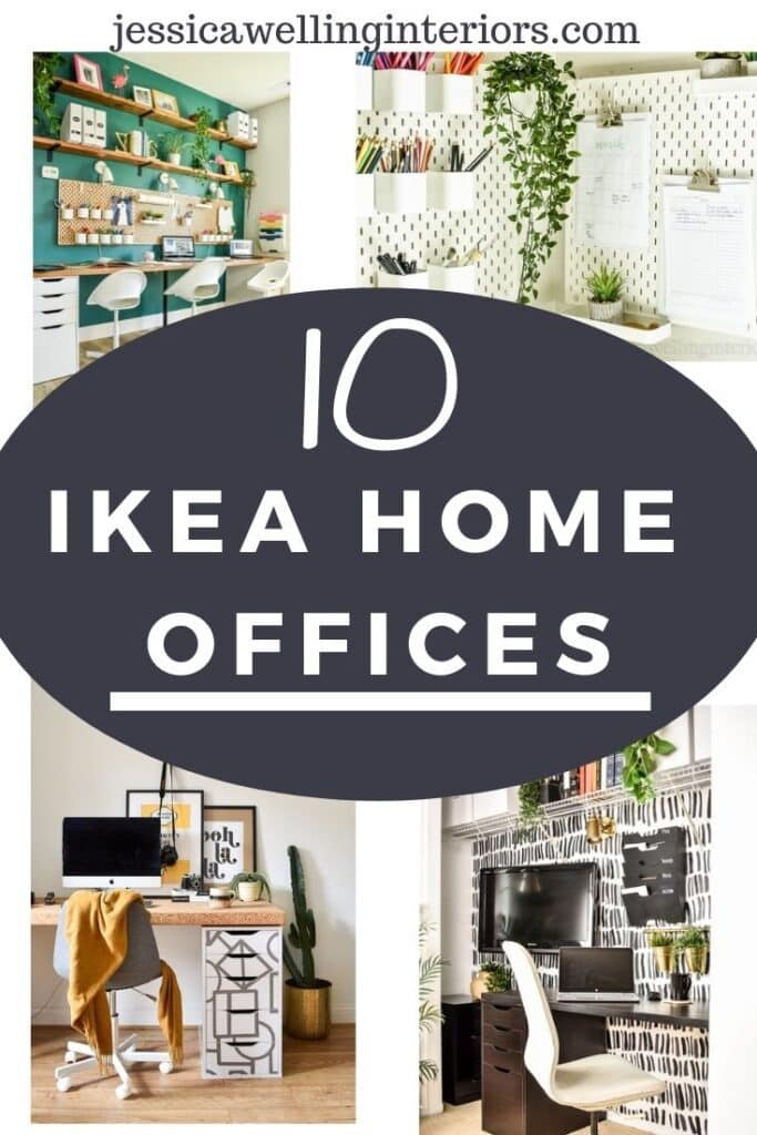 10 Ikea Home Offices: collage of 4 different home offices featuring Ikea desk hacks, Skadis pegboard, Alex drawer Units, Kvissle file sorters, and more.