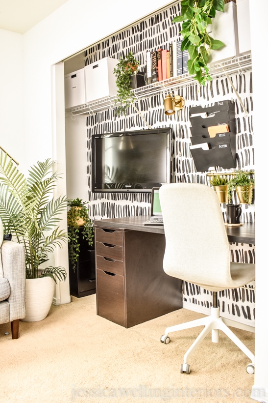 Modern masculine office in a closet with Ikea Alex and Linmon, Kvissle wall file storage, and an Ikea desk chair