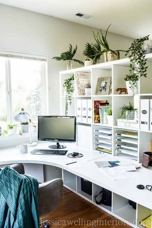 modern Ikea home office with large corner desks and Kallax bookshelf, with magazine files, Kvisssle paper sorters, and lots of indoor plants.