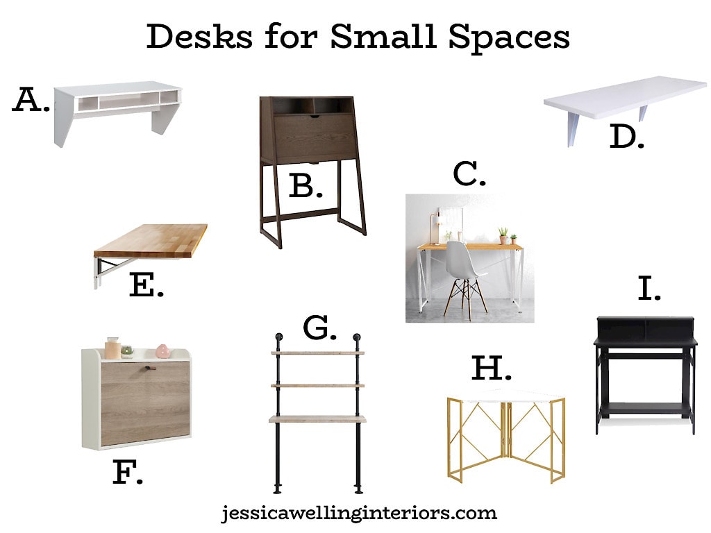 Desks For Small Spaces: collage of cheap small desk that fold down or have a very small footprint