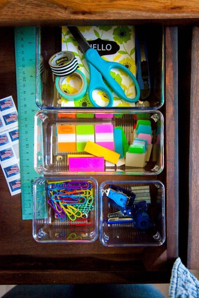 organized desk drawer in a home office