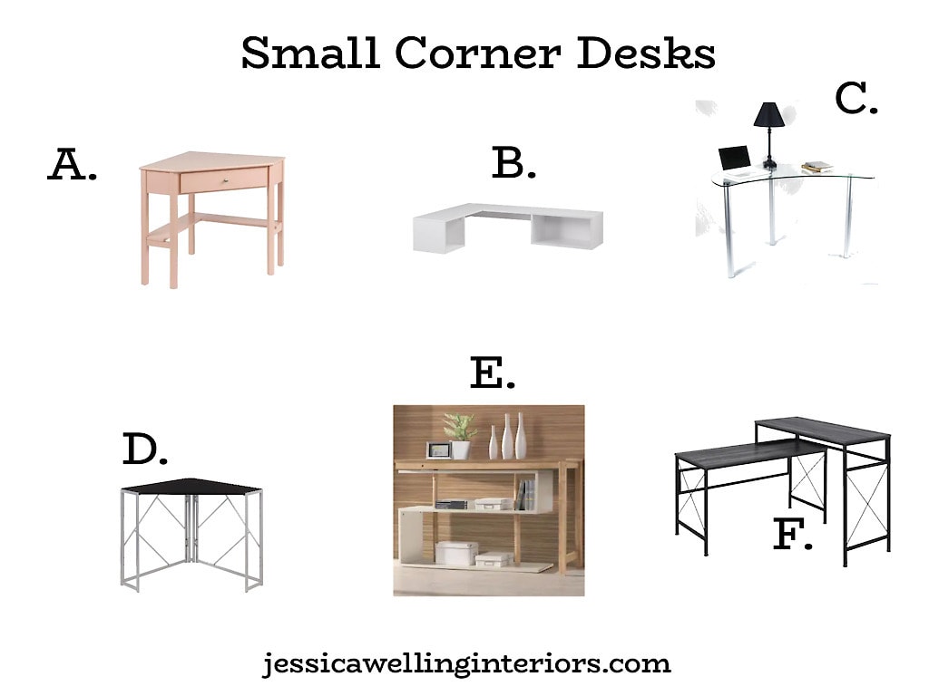 Small Corner Desks: collage of small home office desks that are designed to fit in a corner.