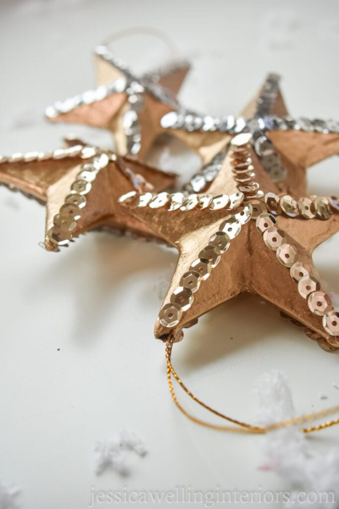 gold DIY Christmas ornaments with sequins
