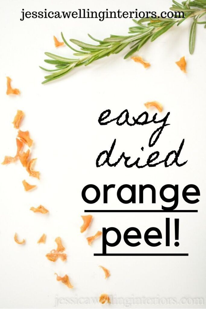 easy dried orange peel: bits of dried orange peel and rosemary sprigs on a white background