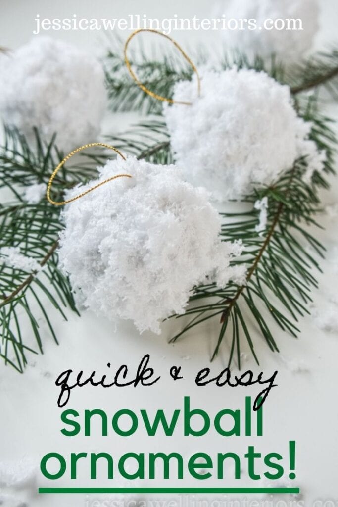 Quick & Easy Snowball Ornaments!  Close up of fluffy white snowball Christmas ornaments with pine branches for Christmas