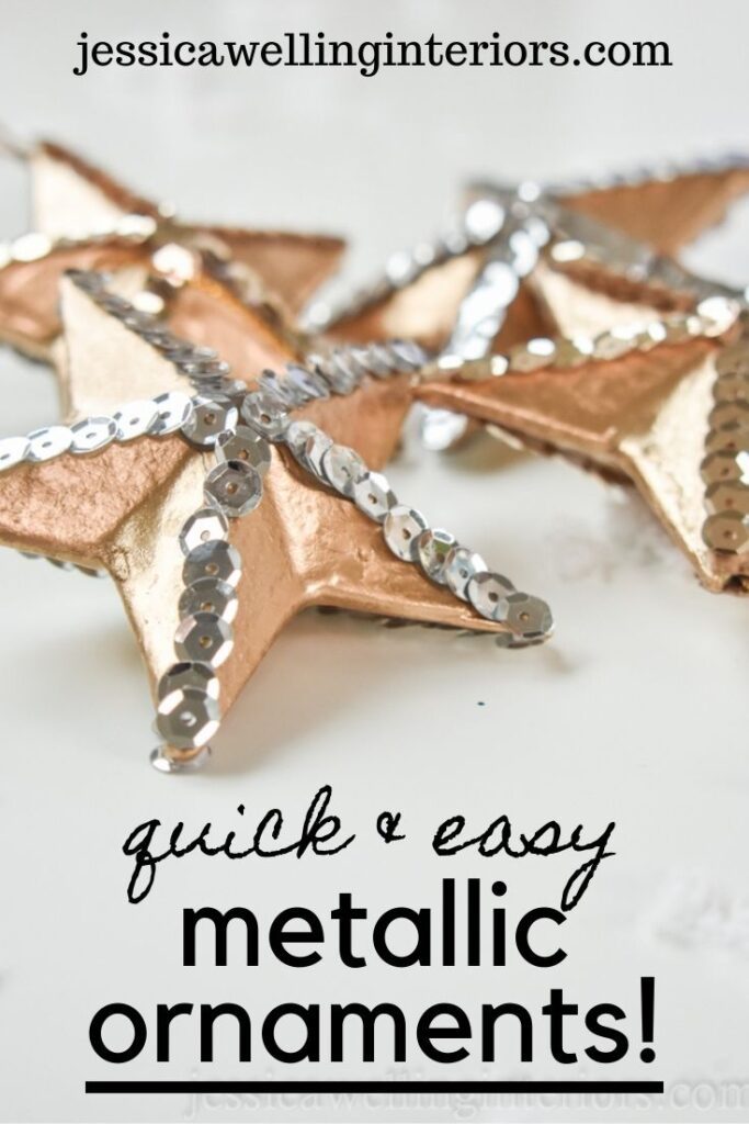 Quick & Easy Metallic Ornaments!: close-up of gold star-shaped Christmas ornaments decorated with silver sequins