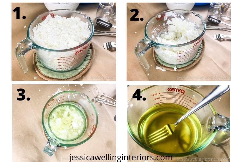 collage of 4 images of a glass measuring cup full of soy wax, started with the solid wax flakes, and showing them melt to liquid