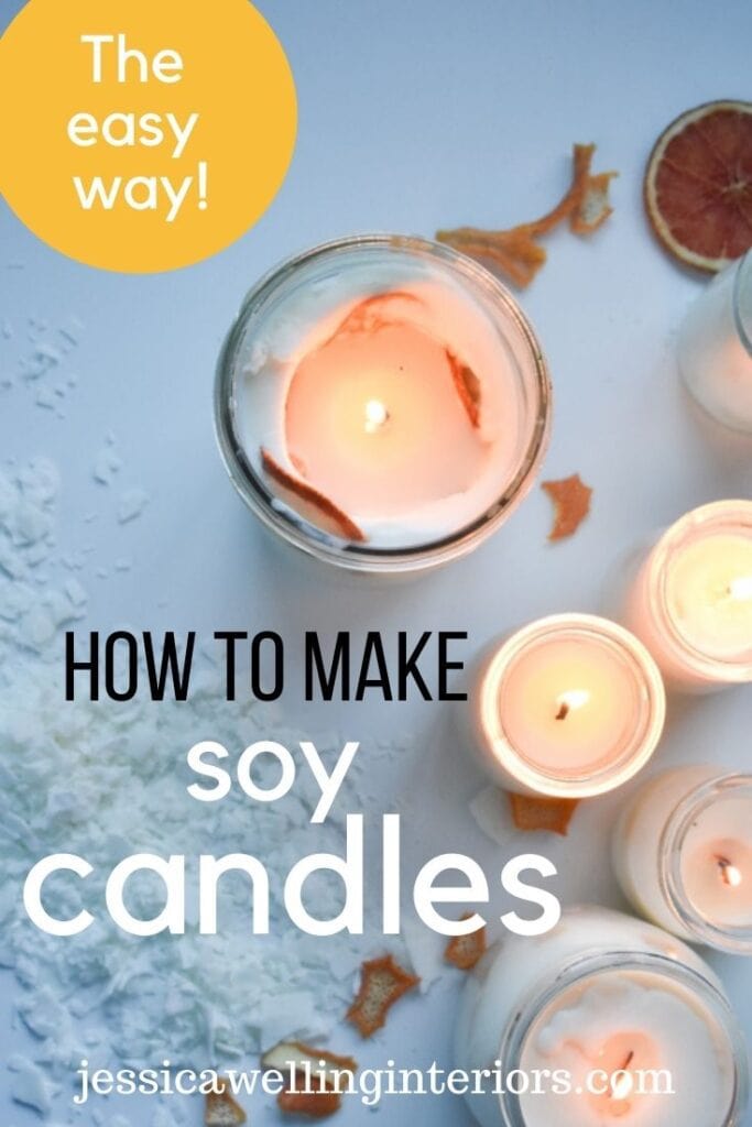How To Make Soy Candles: The Easy Way, flatlay image of several soy candles burning with soy wa flakes and orange peel