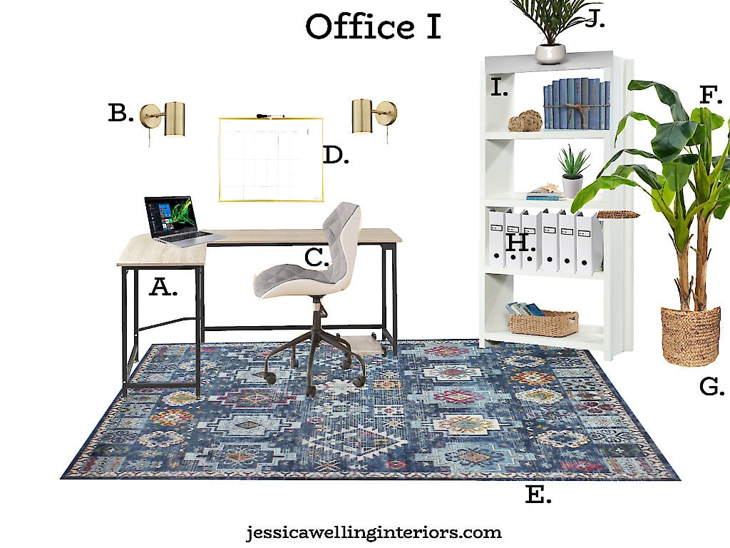 modern home office design with an l-shaped corner desk, desk chair, modern rug, bookcase, and artificial tree