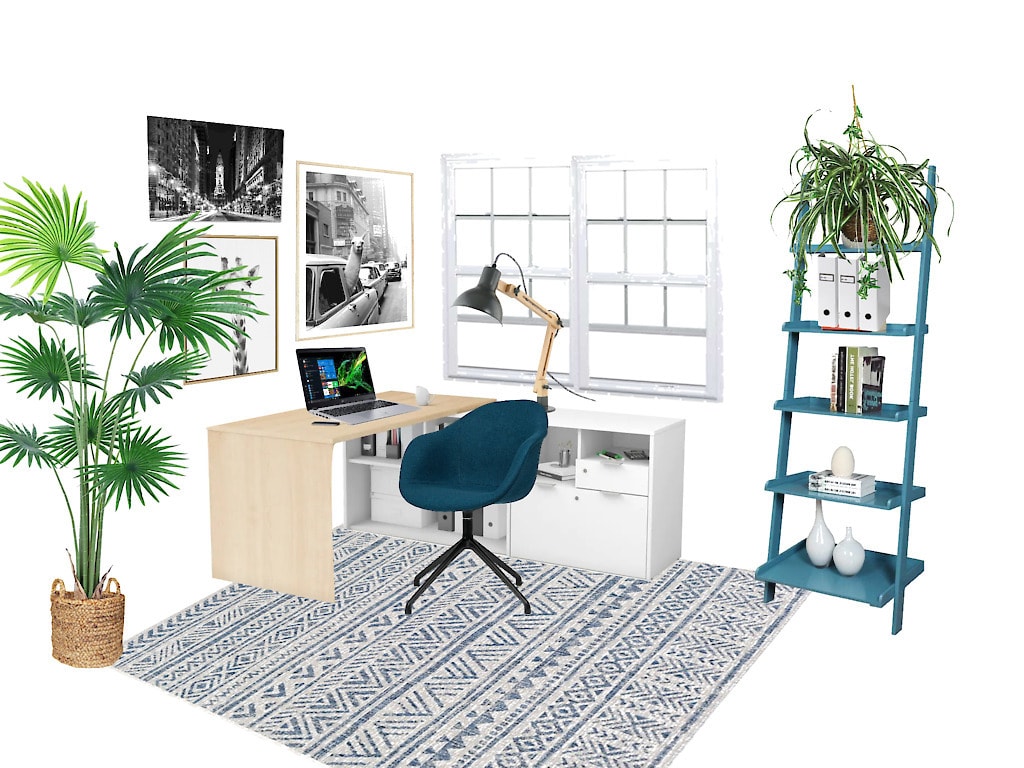 shoppable home office design board with inexpensive desk, desk lamp, rug, bookshelf, task chair, and plants