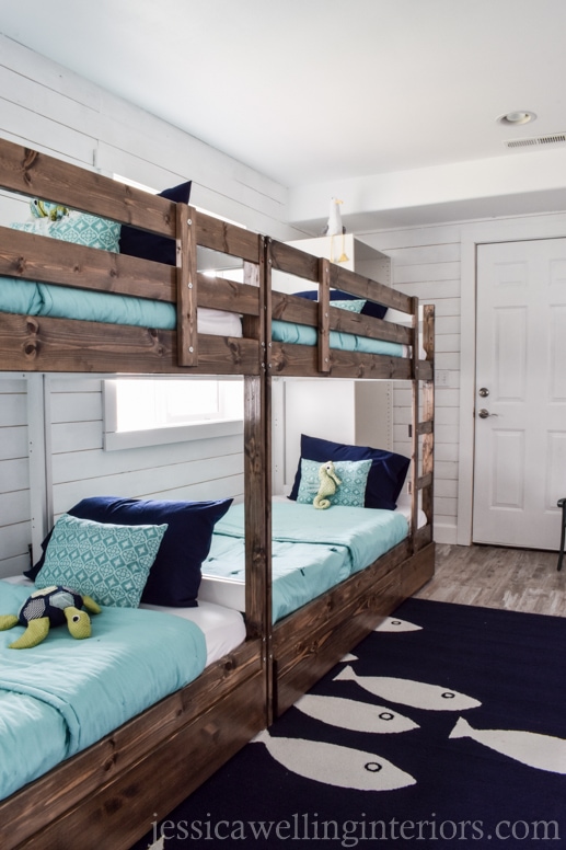 children's bunk room with ship-lap walls