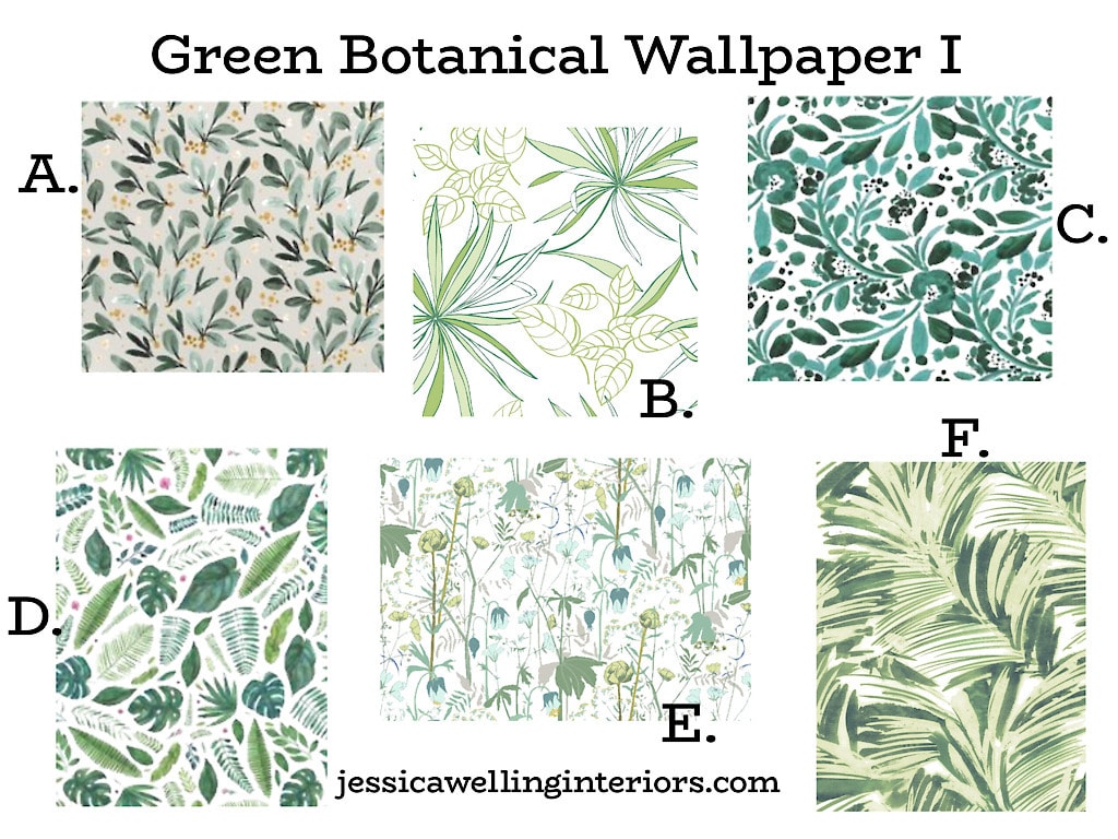 Green Botanical Wallpaper I: Collage of green leaf wallpaper patterns with tropical leaves