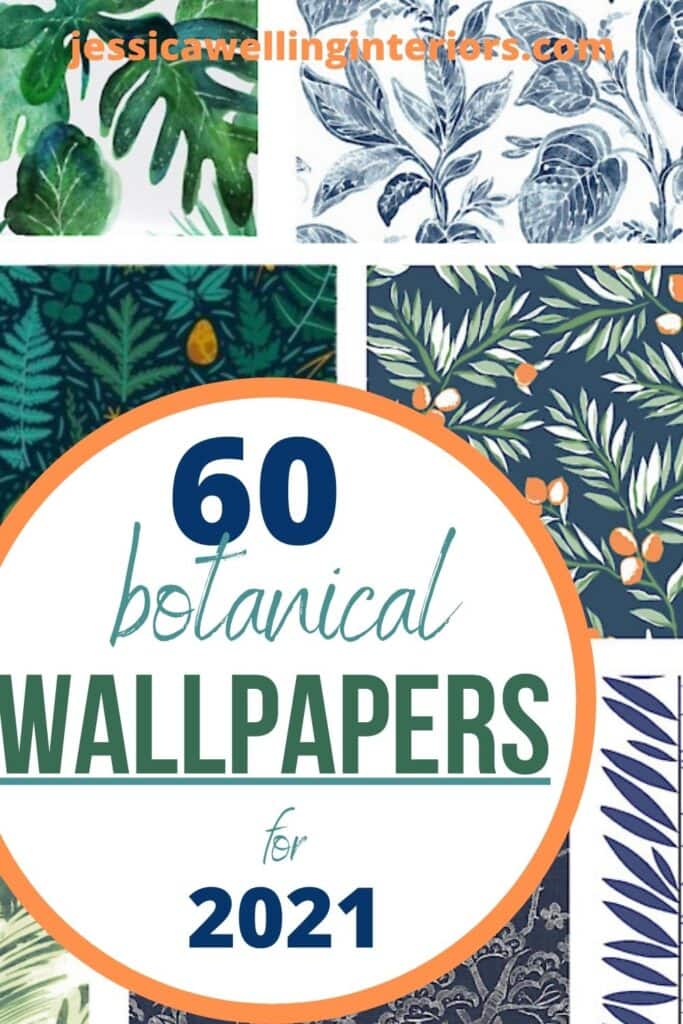 60 Botanical Wallpapers for 2021: collage of floral wallpaper prints with leaves in greens and blues