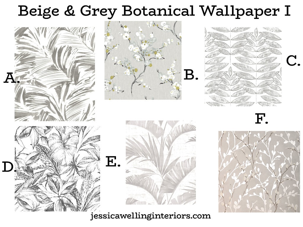 Beige & Grey Botanical Wallpaper I: collage of tropical and botanical leaf wallpaper prints in beige and grey and white
