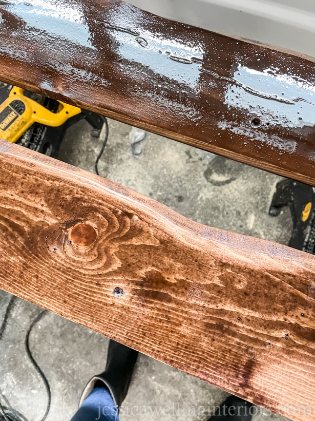 wooded coat racks with wet wood stain