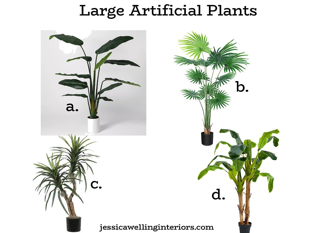 Large Artificial Plants: Collage of 4 large faux plants and trees with tropical leaves