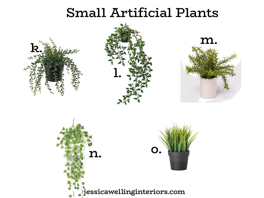 Small Artificial Plants: collage of 5 different fake plants in pots from Ikea, Amazon, and Target