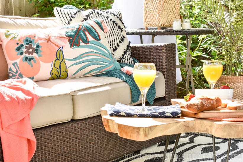 close-up of cocktails on an outdoor coffee table in an outdoor living space