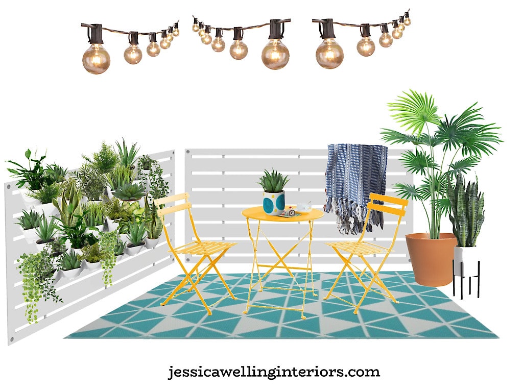 small balcony with an outdoor bistro set, string lights, and an outdoor rug
