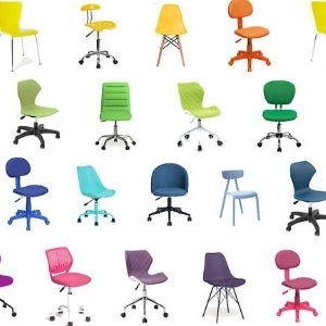 collage of colorful kids' desk chairs