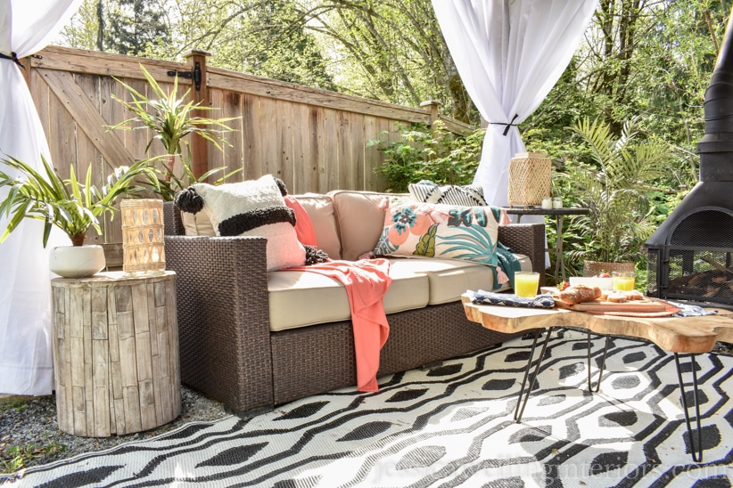 outdoor living room with curtains