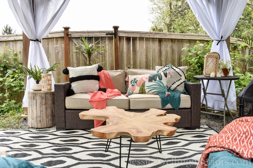 gazebo with outdoor sofa, DIY outdoor curtains, and Boho outdoor pillows