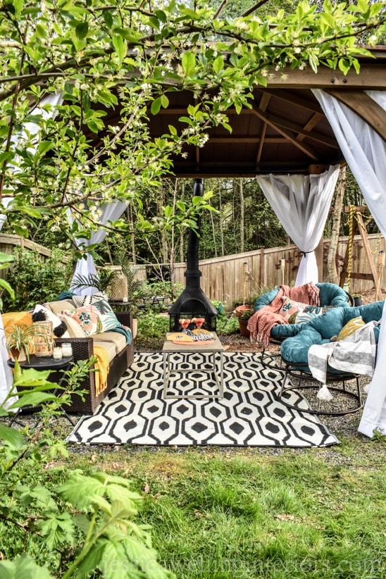 gazebo with DIY patio curtains