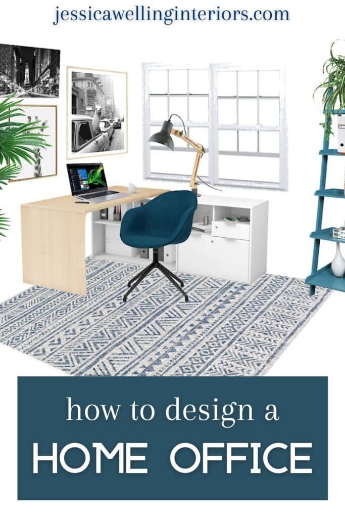 How to Design A Home Office: design rendering of a modern home office with a rug, desk, task chair, and bookcase