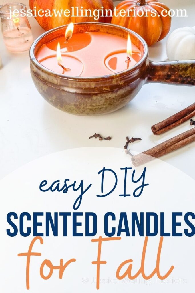 Easy DIY Scented Candles for Fall rustic orange homemade candle with three wicks, cinnamon sticks, and cloves
