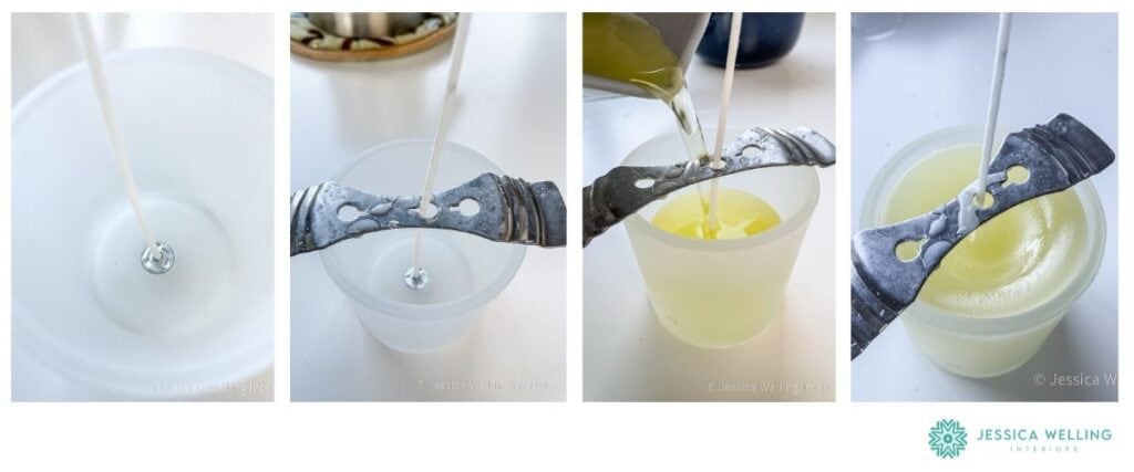 4 images showing the process of using a metal wick holder to secure the wick while wax is being poured into a candle