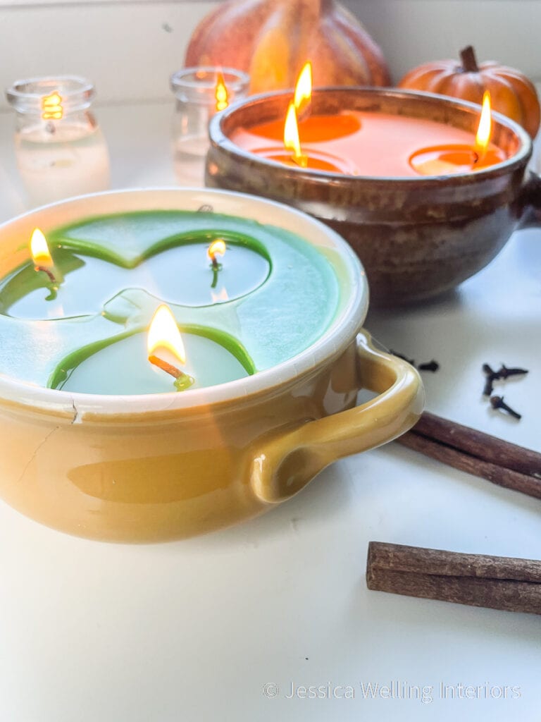 close-up of Fall scented candles with three wicks each