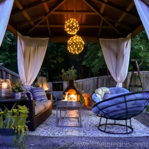 gazebo with DIY outdoor curtains & outdoor lighting