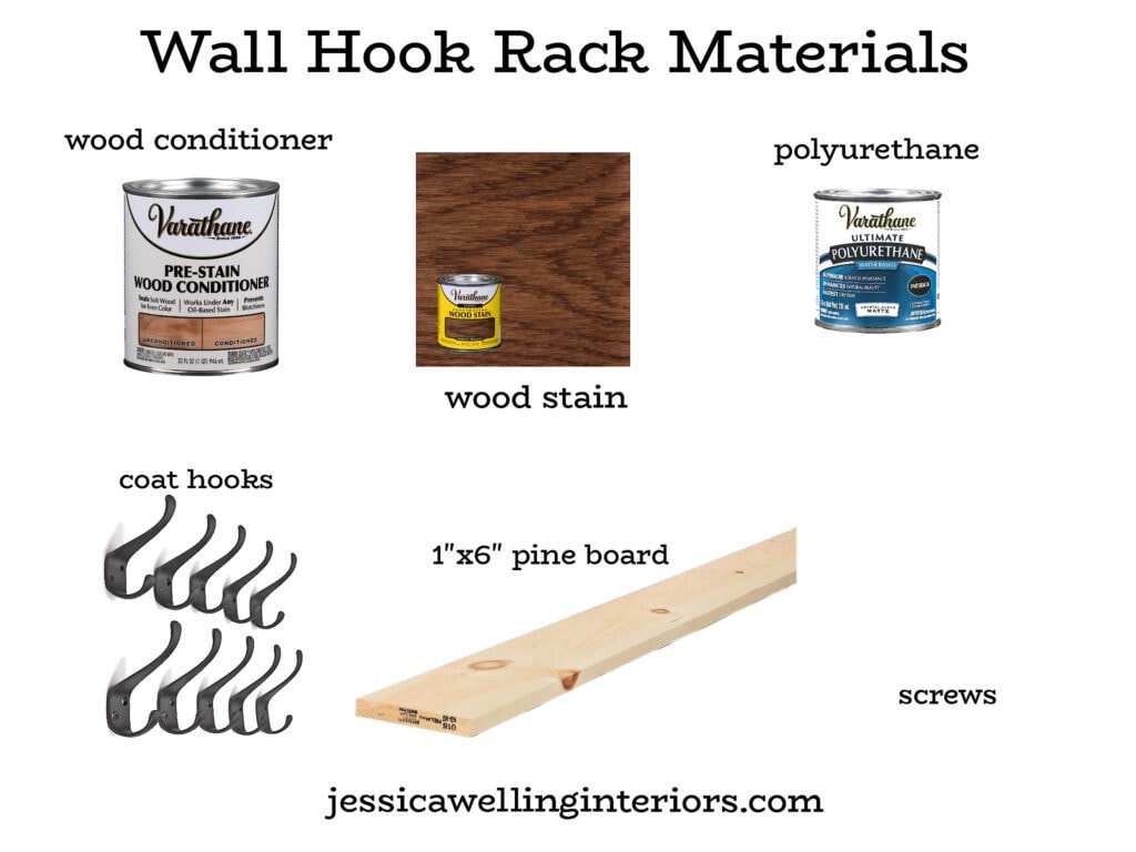 Wall Hook Rack Materials: photos of cans of wood conditioner, wood stain, boards, wall hooks, etc.