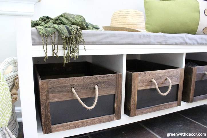 entryway shoe storage bench with wood crates to store shoes