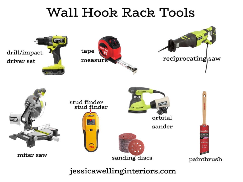 Wall Hook Rack Tooks: photos of tools needed to make DIY wall-mounted coat racks - drills, tape measure, miter saw, sander, etc.