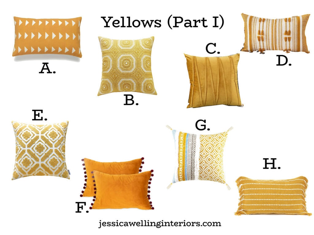 collage of yellow throw pillow covers from Amazon, numbered A-H