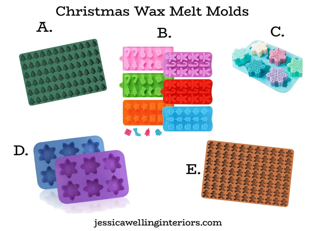 collage of wax melt molds in Christmas and holiday shapes- Christmas trees, gingerbread men, snowflakes, stockings, Santas, snowmen, etc.