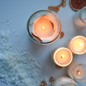 overhead view of burning soy candles