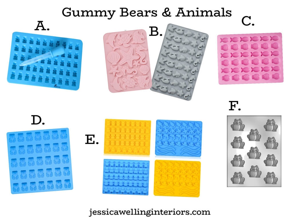 collage of molds for making wax melts in animal shapes like gummy bears, sea creatures, fish, and frogs